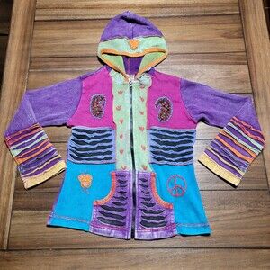India Boutique Full Zip Hooded Girls Jacket Boho Style - Size Large